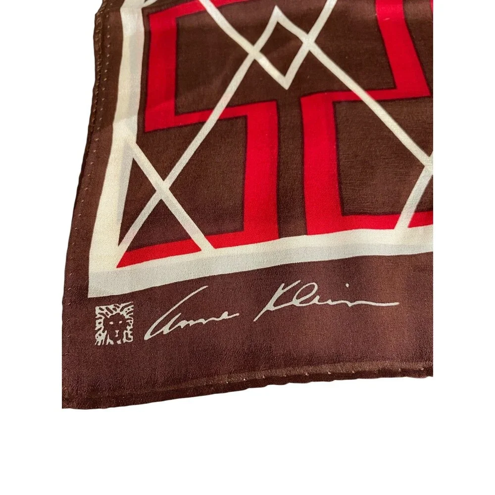 Anne Klein Geometric Oblong Scarf Brown Red Beige Silk Feel 54 x 11